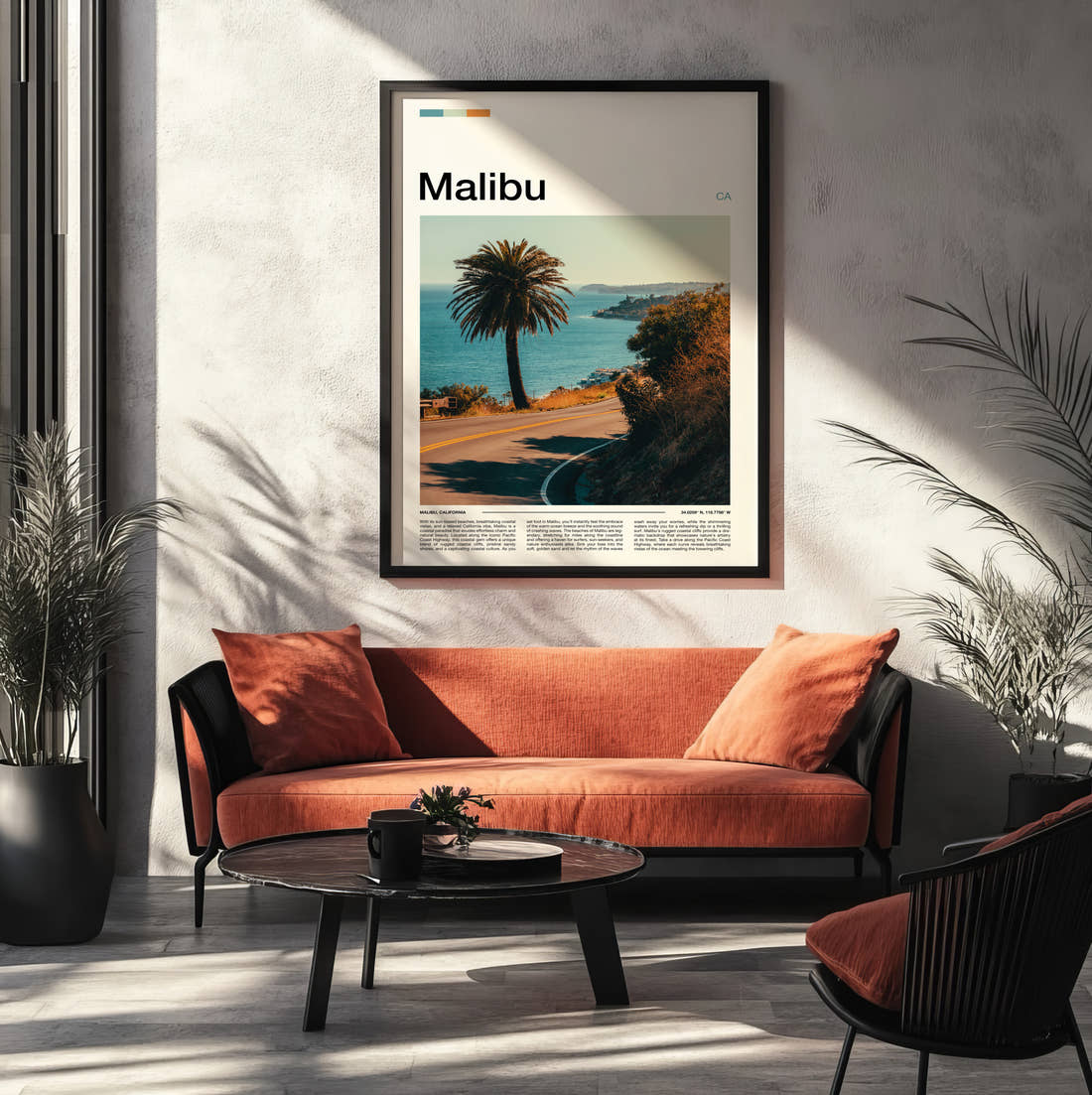 Malibu Coastal Road Travel Print framed on the wall of a modern living room