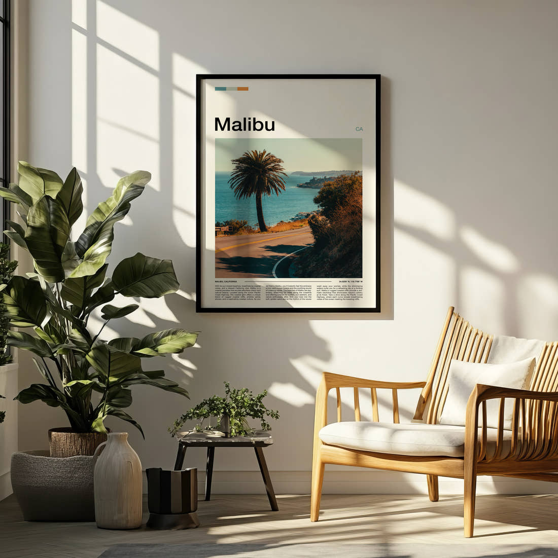 Malibu Coastal Road Travel Print framed on a pale wall beside houseplants