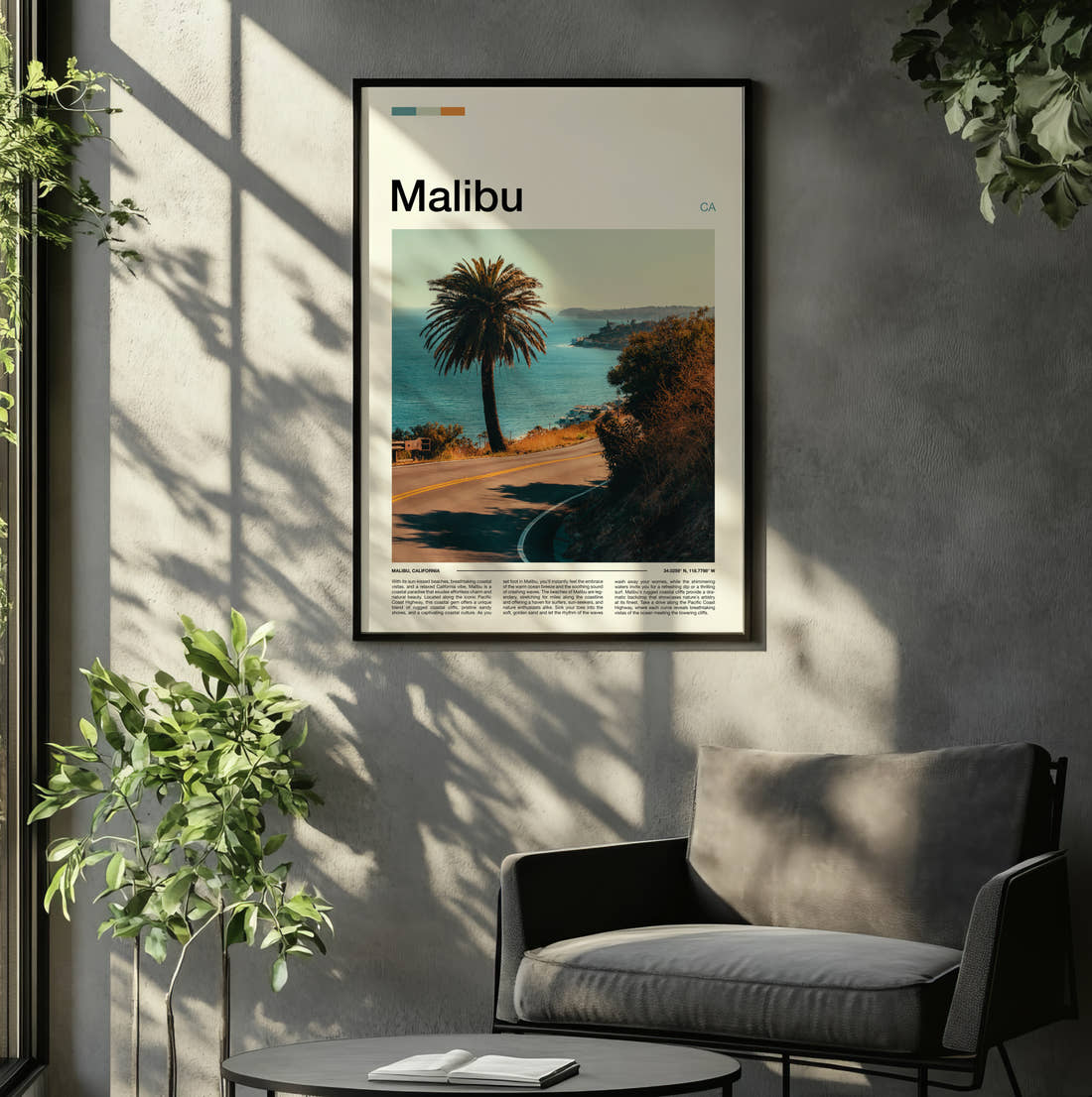 Malibu Coastal Road Travel Print framed on the wall of a relaxed living room