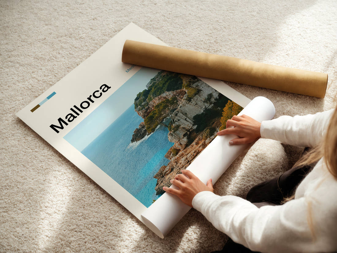 Mallorca Limestone Sea Cliffs Travel Print being unrolled from its postal tube