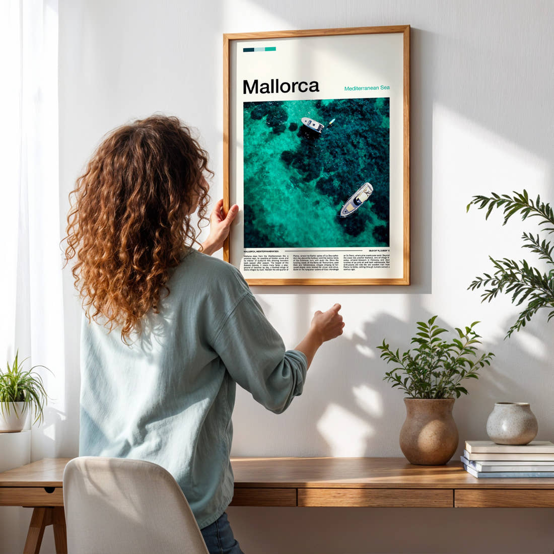 Mallorca Turquoise Water Aerial Travel Print framed on a pale wall beside houseplants