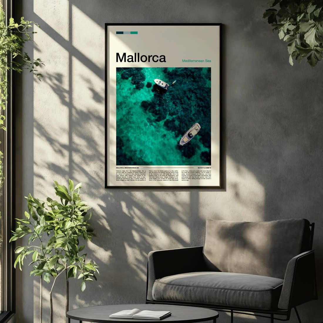 Mallorca Turquoise Water Aerial Travel Print framed on the wall of a relaxed living room