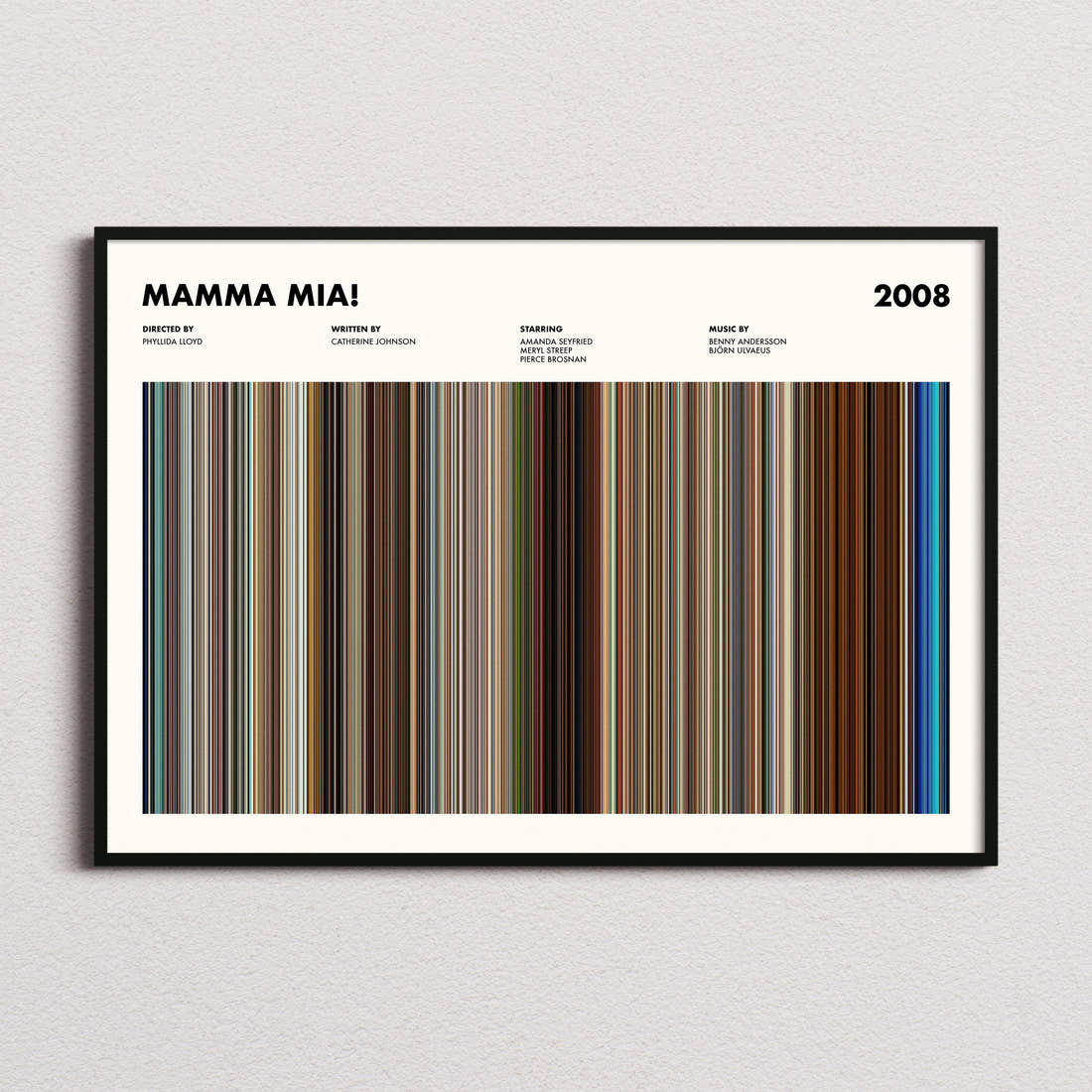 Mamma Mia! Movie Barcode Poster framed and photographed straight on