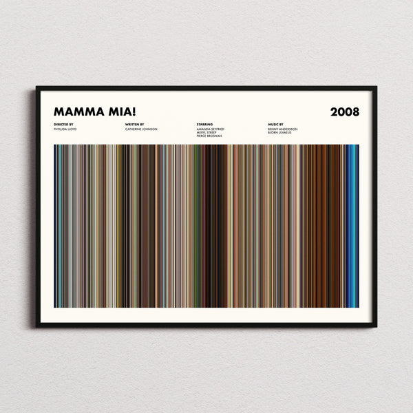 Mamma Mia! Movie Barcode Poster framed and photographed straight on