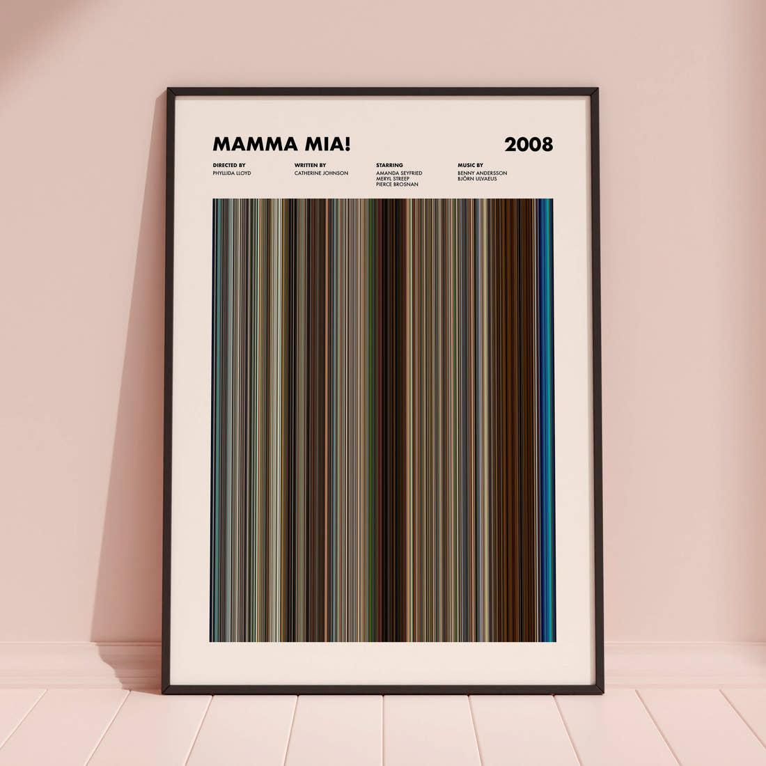 Mamma Mia! Movie Barcode Poster framed and leaning against a coloured wall
