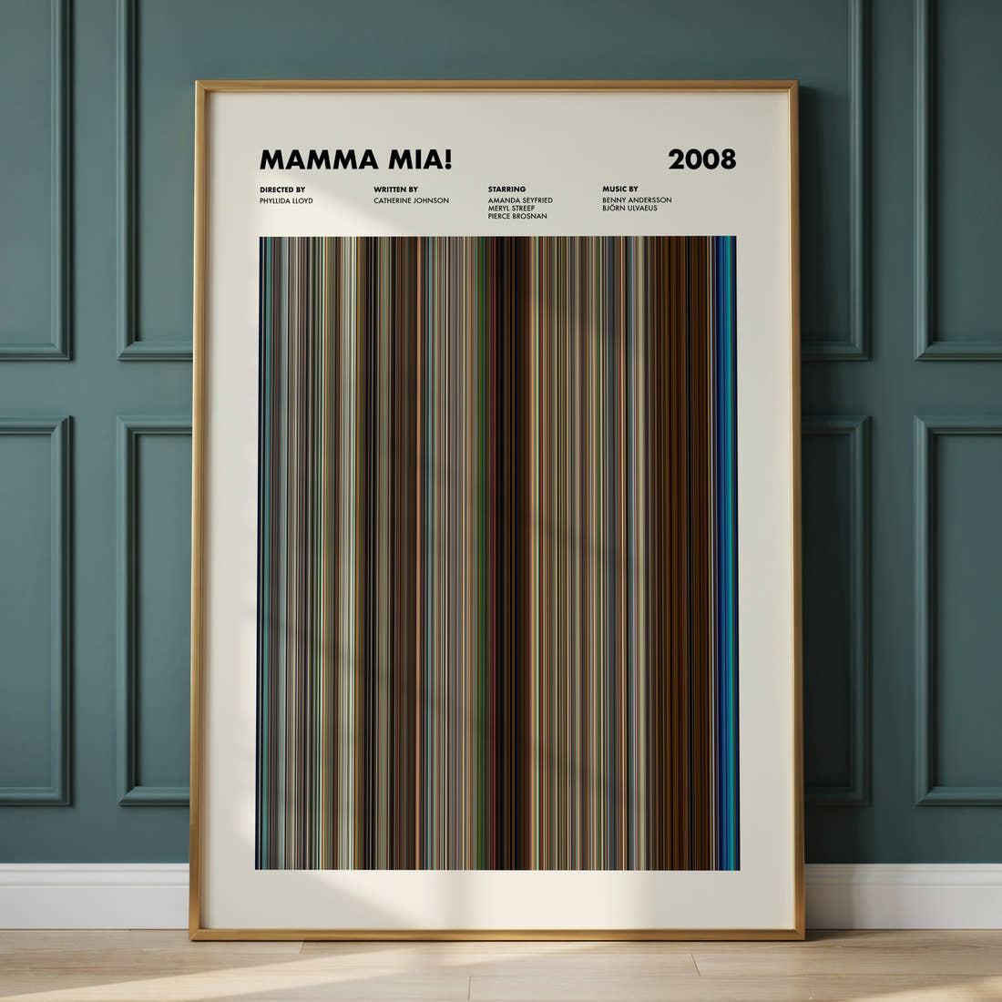 Mamma Mia! Movie Barcode Poster framed and leaning against a panelled wall