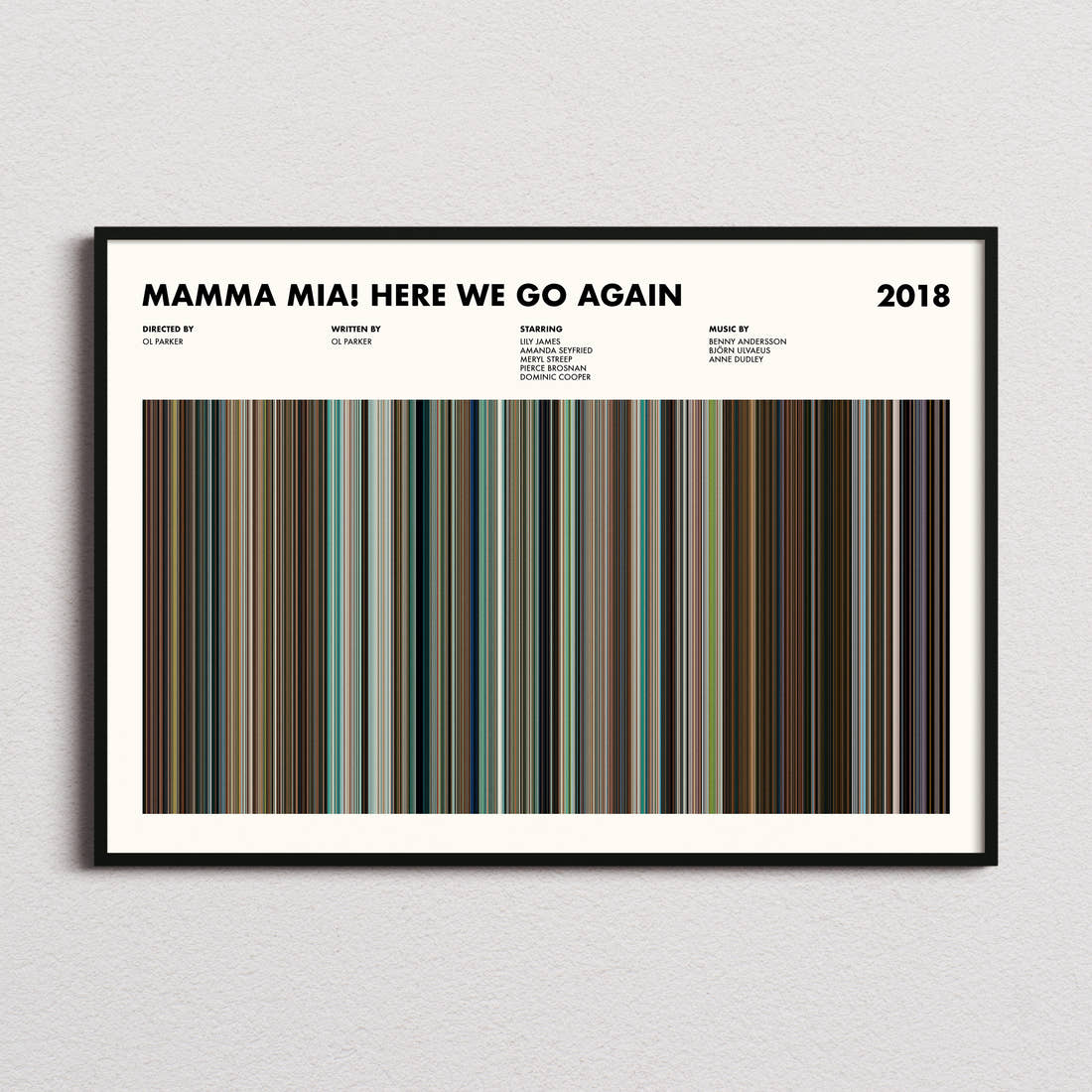 Mamma Mia! Here We Go Again Movie Barcode Poster framed and photographed straight on