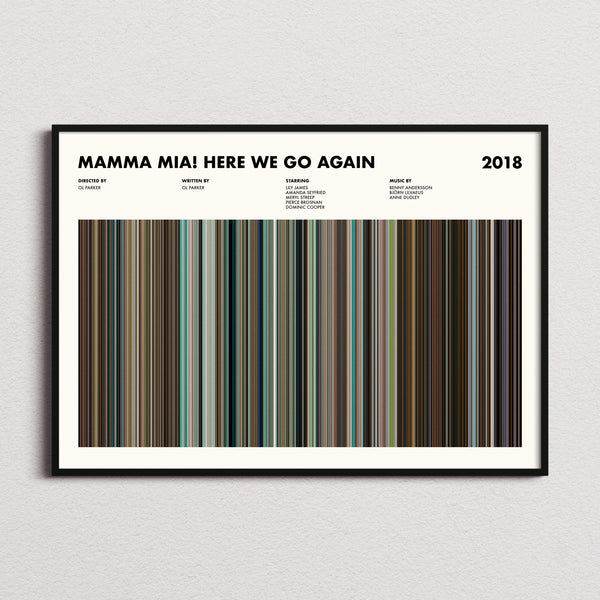 Mamma Mia! Here We Go Again Movie Barcode Poster framed and photographed straight on