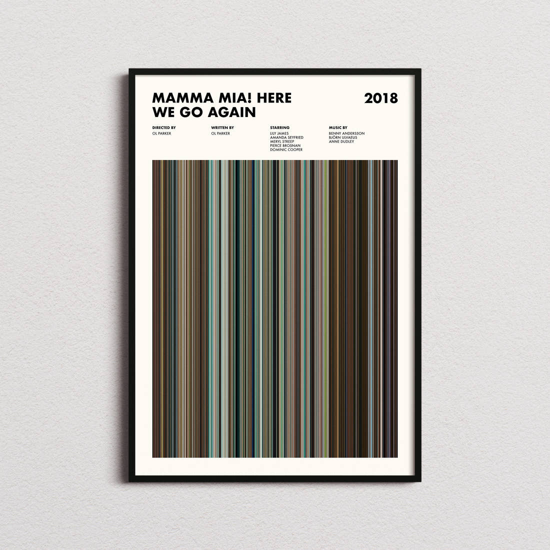 Mamma Mia! Here We Go Again Movie Barcode Poster framed on a plain studio wall