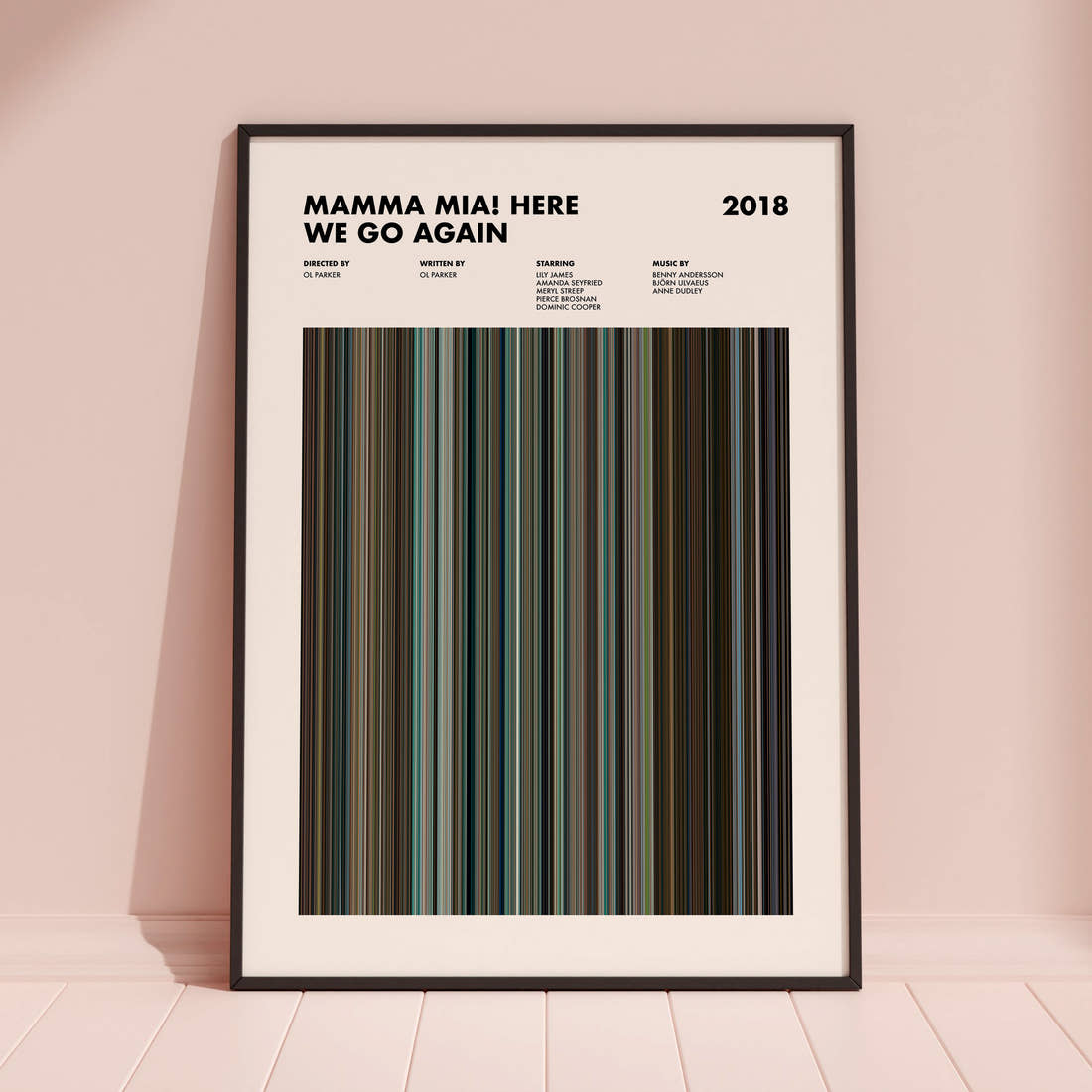 Mamma Mia! Here We Go Again Movie Barcode Poster framed and leaning against a coloured wall