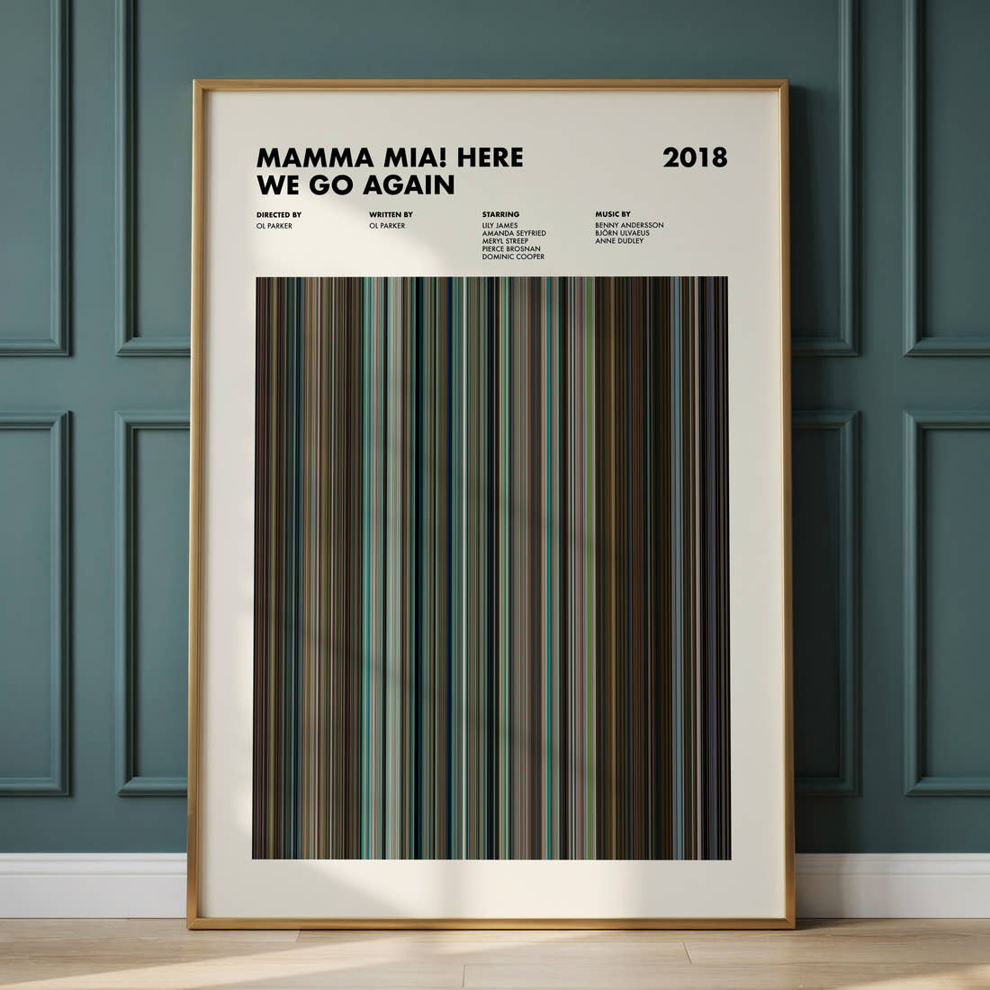 Mamma Mia! Here We Go Again Movie Barcode Poster framed and leaning against a panelled wall