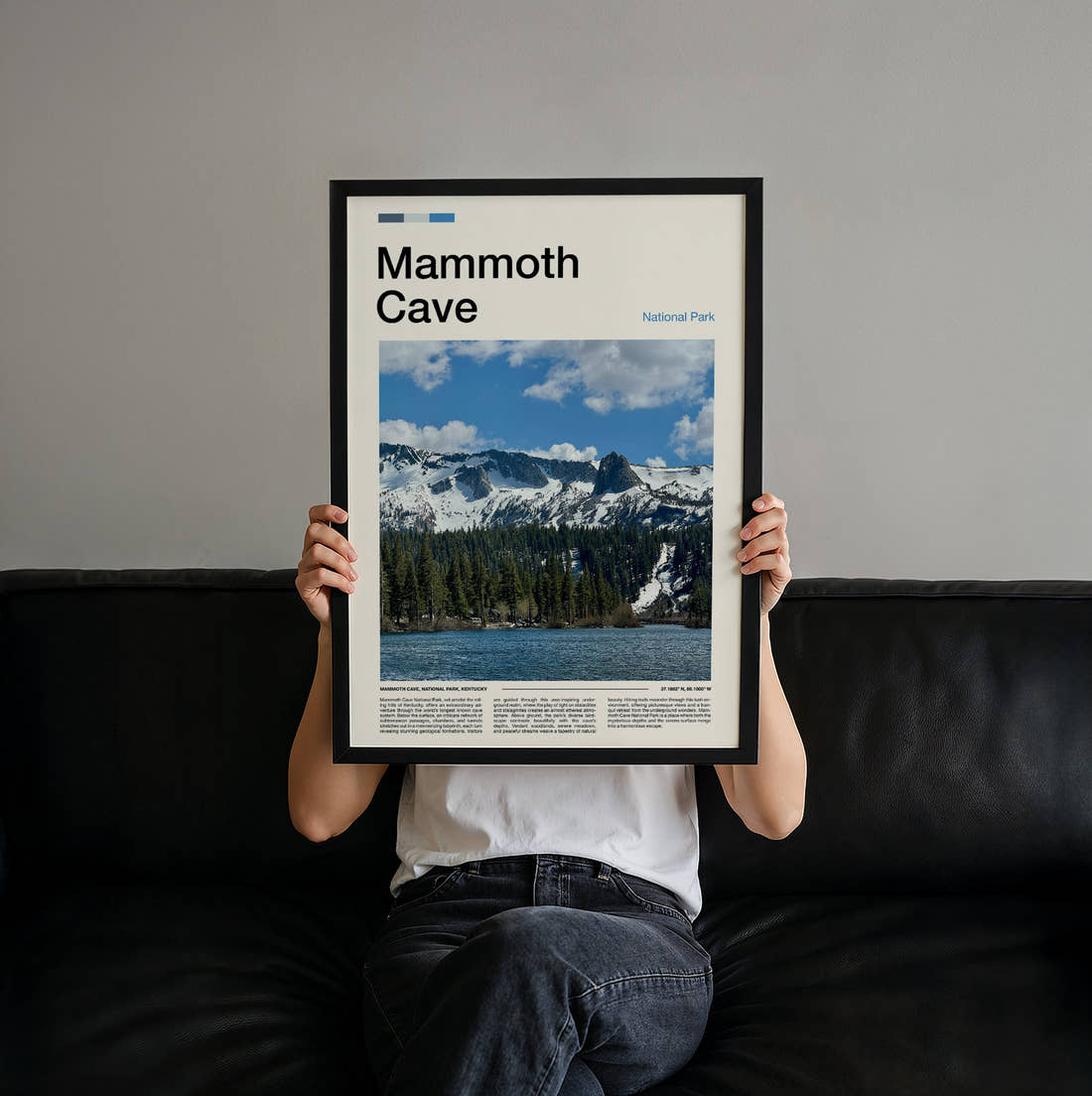 Mammoth Snowy Peaks Above Lake Travel Print held up by hand to show the size of the print