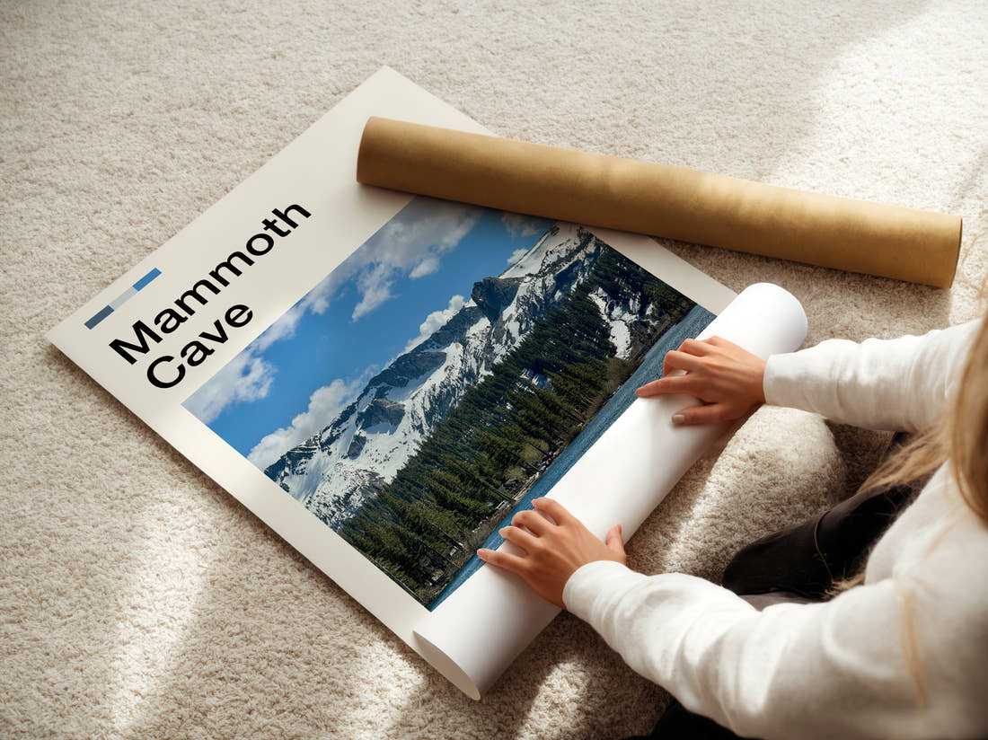 Mammoth Snowy Peaks Above Lake Travel Print being unrolled from its postal tube