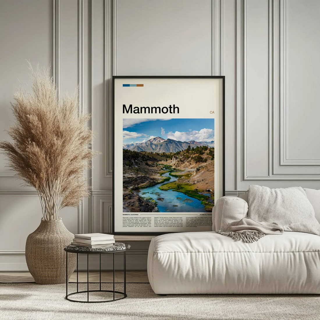 Mammoth Creek Through Colourful Hills Travel Print framed on the wall of a calm, neutral bedroom