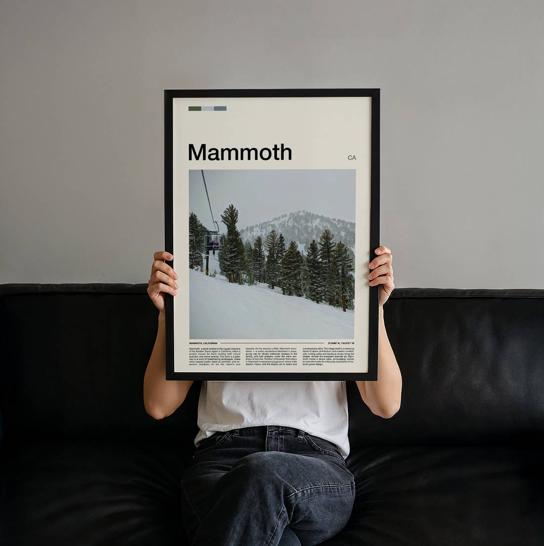 Mammoth Ski Lift Travel Print held up by hand to show the size of the print