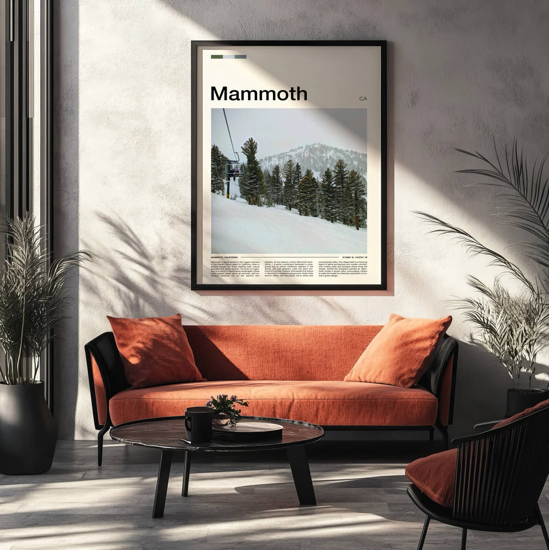 Mammoth Ski Lift Travel Print framed on the wall of a modern living room