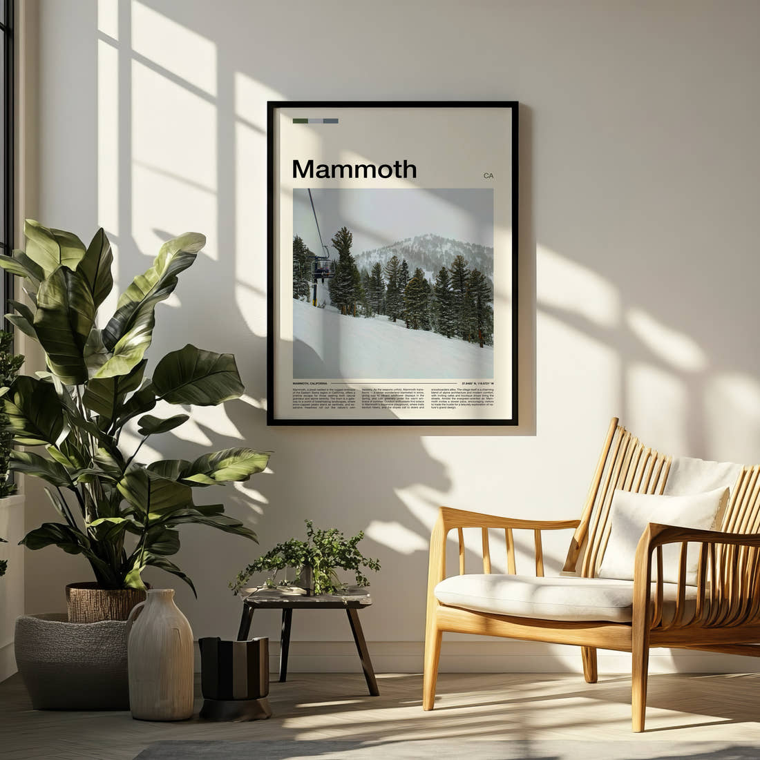 Mammoth Ski Lift Travel Print framed on a pale wall beside houseplants