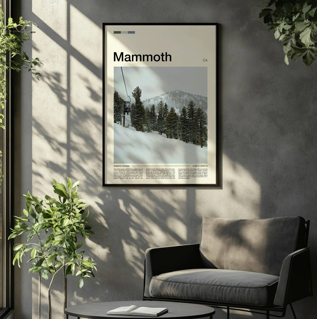 Mammoth Ski Lift Travel Print framed on the wall of a relaxed living room