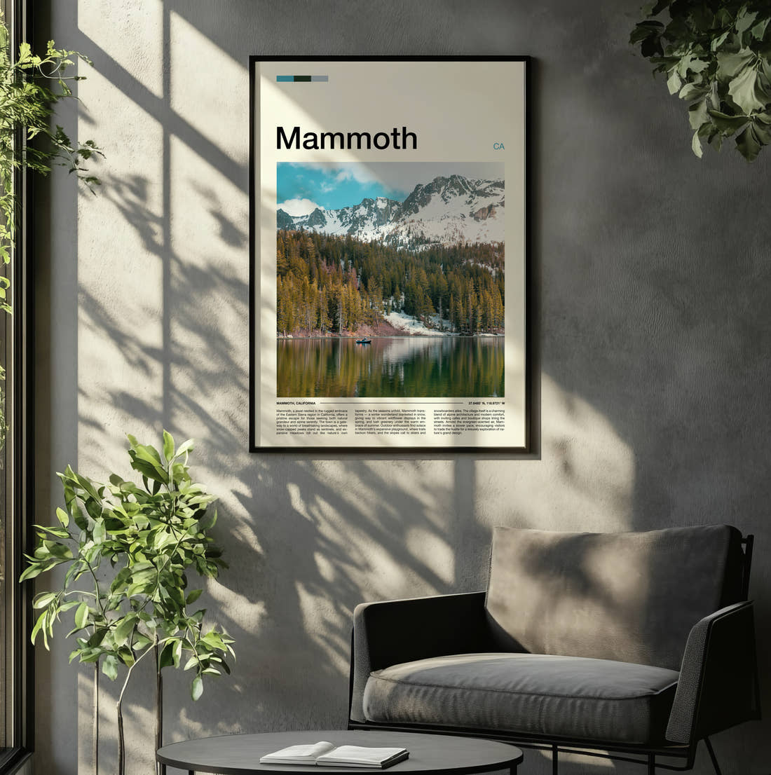 Mammoth Mountains Reflected In Lake Travel Print framed on the wall of a relaxed living room