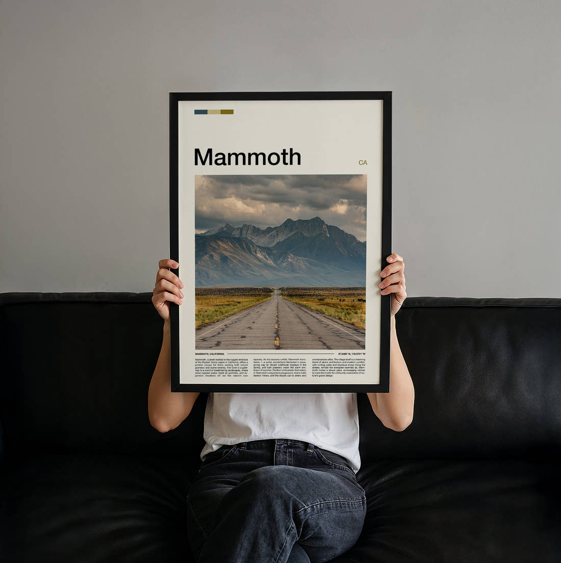 Mammoth Straight Road To Mountains Travel Print held up by hand to show the size of the print