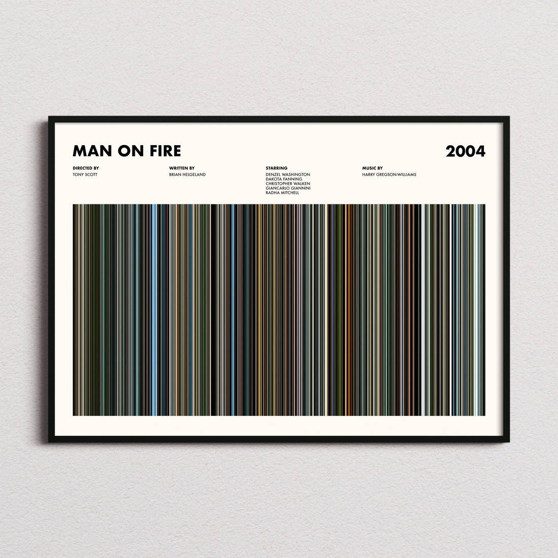Man on Fire Movie Barcode Poster framed and photographed straight on