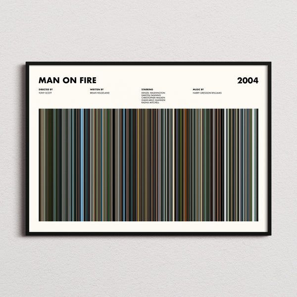 Man on Fire Movie Barcode Poster framed and photographed straight on