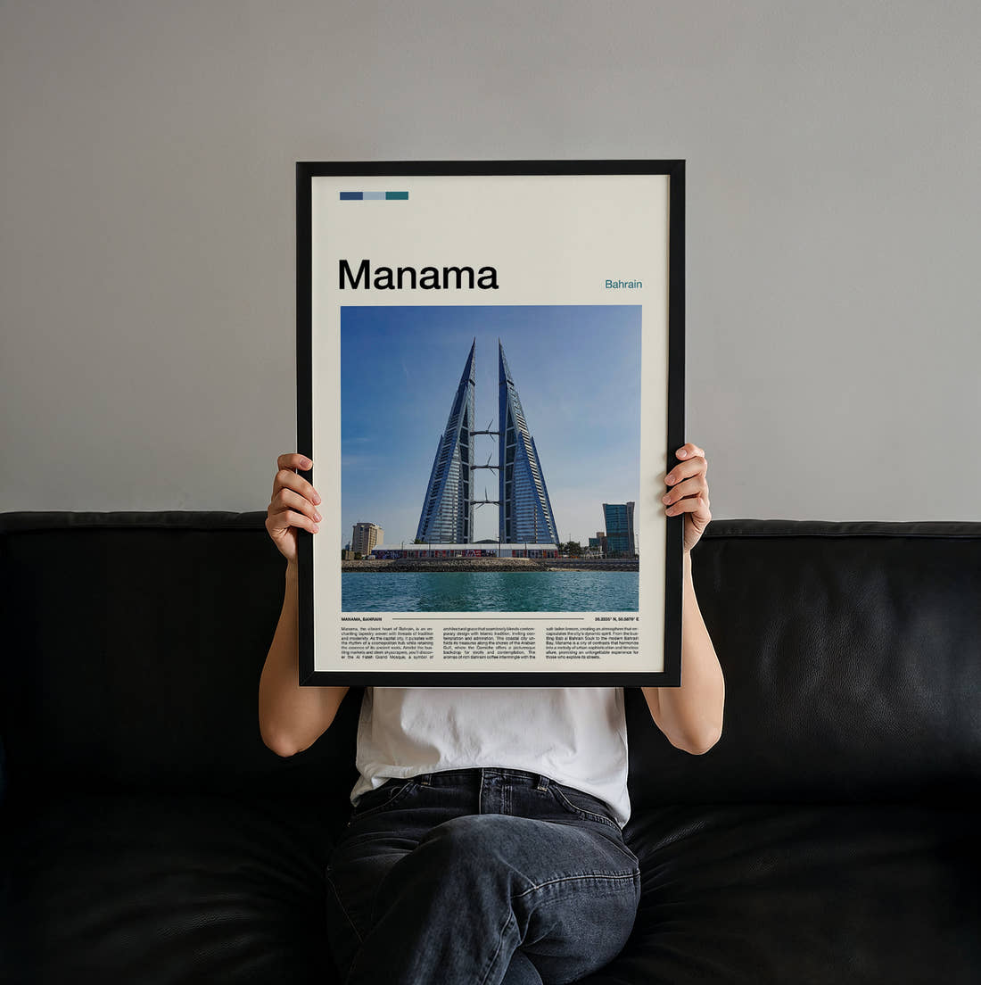 Manama Bahrain World Trade Centre Travel Print held up by hand to show the size of the print
