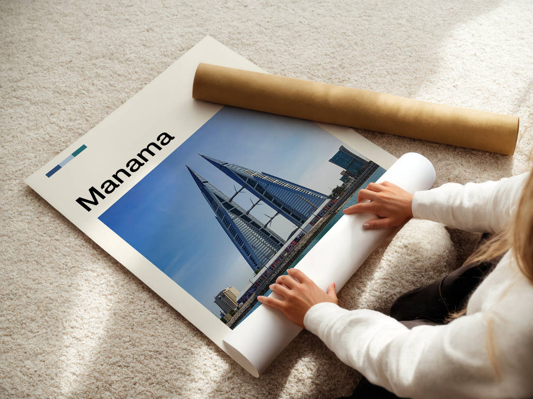 Manama Bahrain World Trade Centre Travel Print being unrolled from its postal tube