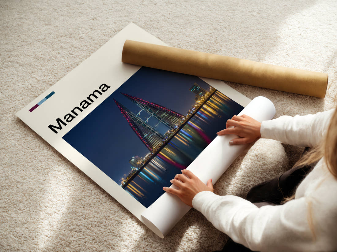 Manama Twin Towers At Night Travel Print being unrolled from its postal tube