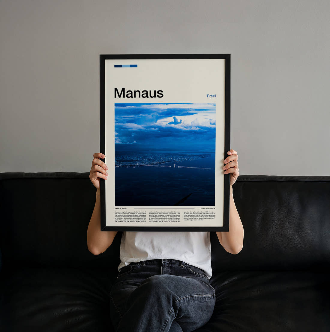 Manaus Long Bridge Over River Travel Print held up by hand to show the size of the print