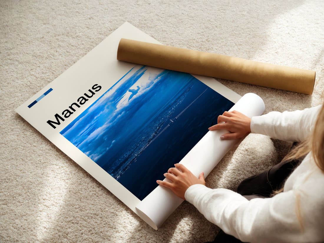 Manaus Long Bridge Over River Travel Print being unrolled from its postal tube