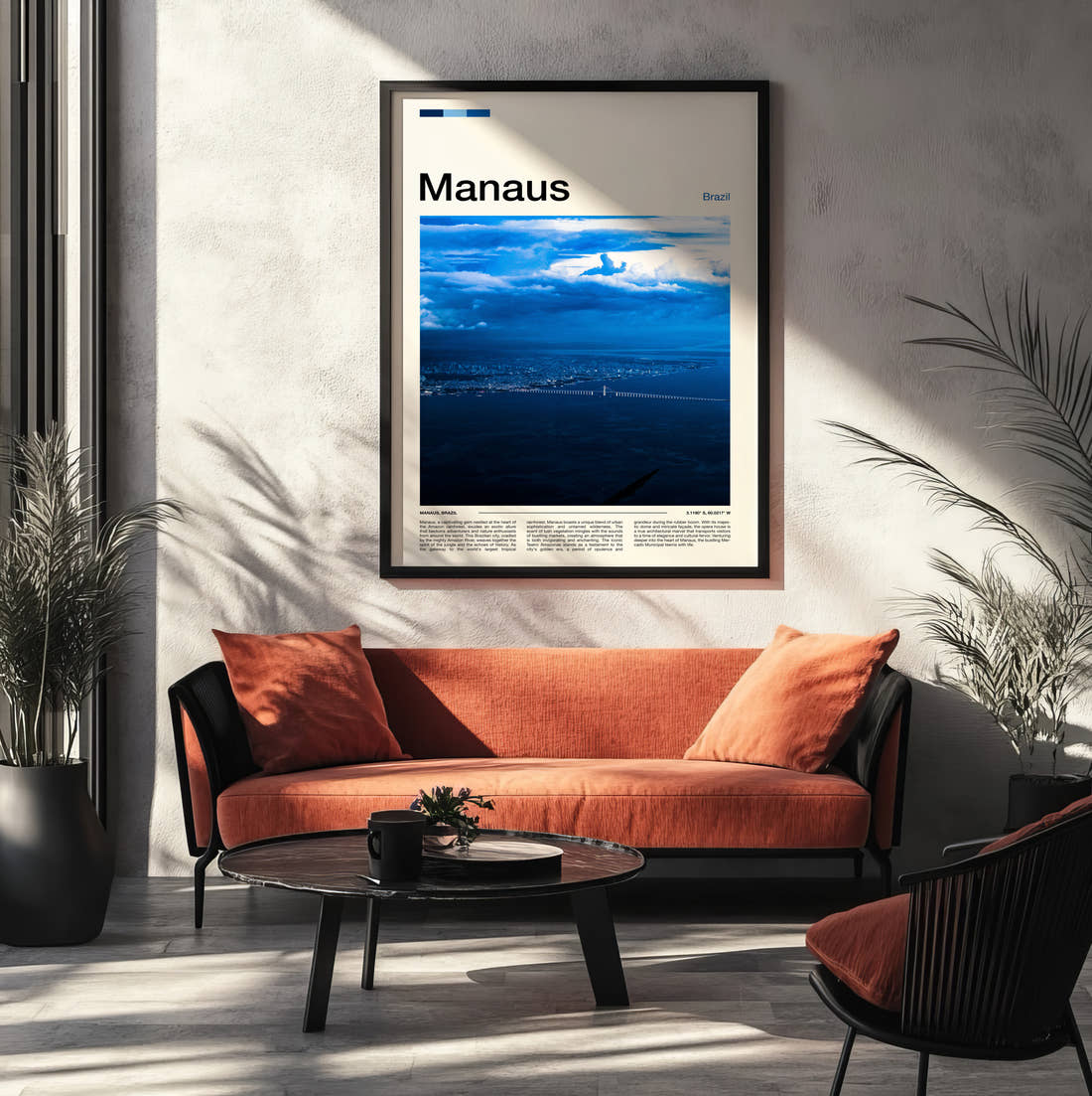 Manaus Long Bridge Over River Travel Print framed on the wall of a modern living room