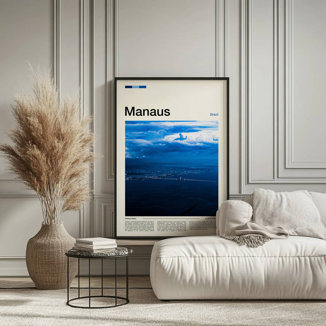 Manaus Long Bridge Over River Travel Print framed on the wall of a calm, neutral bedroom