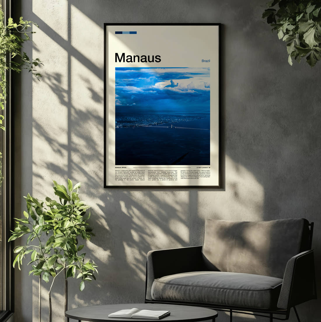 Manaus Long Bridge Over River Travel Print framed on the wall of a relaxed living room