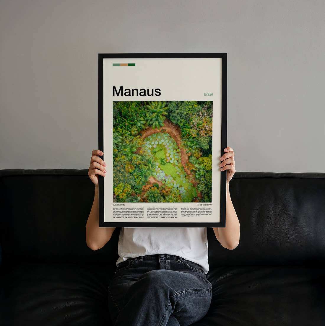 Manaus Aerial View Of Gardens Travel Print held up by hand to show the size of the print