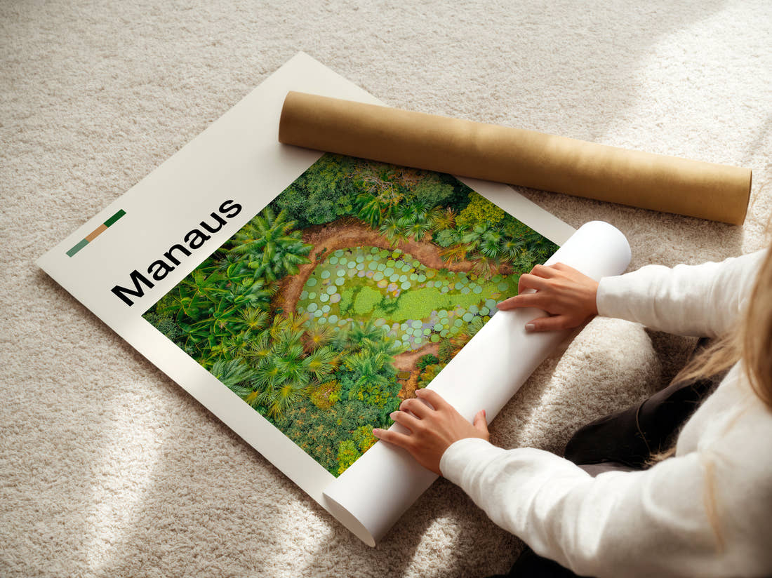 Manaus Aerial View Of Gardens Travel Print being unrolled from its postal tube