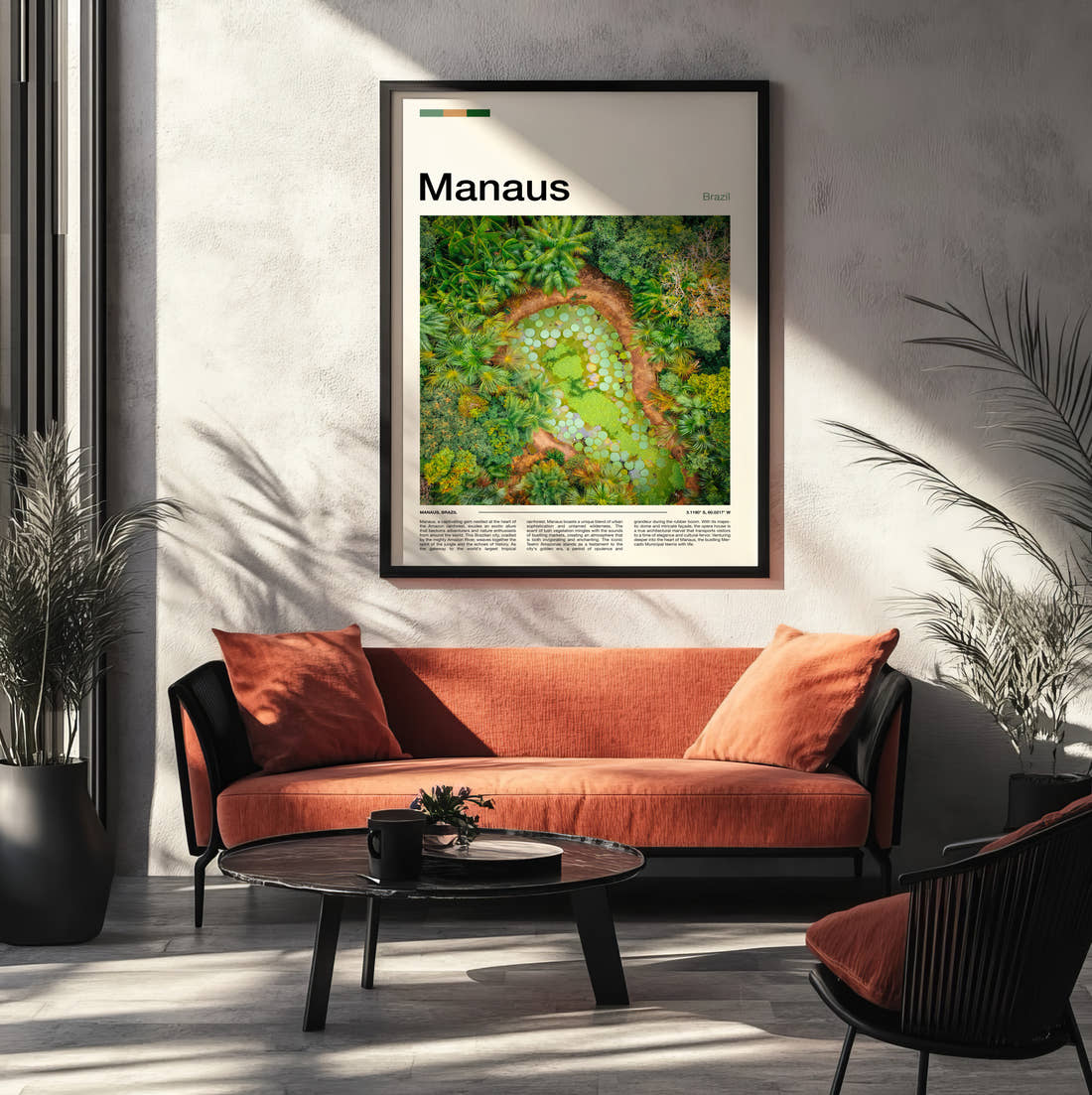 Manaus Aerial View Of Gardens Travel Print framed on the wall of a modern living room