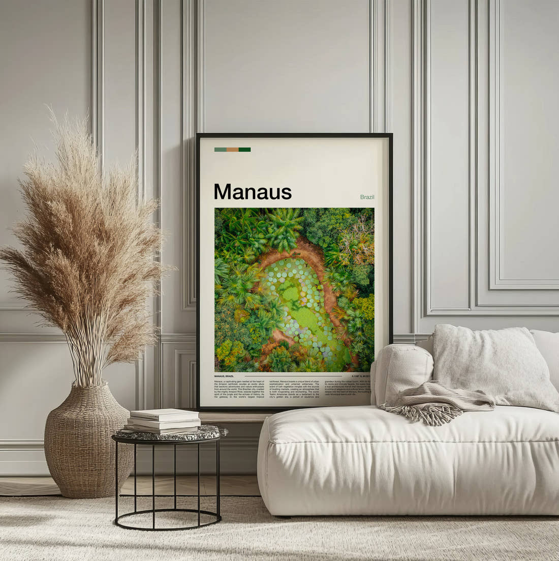 Manaus Aerial View Of Gardens Travel Print framed on the wall of a calm, neutral bedroom