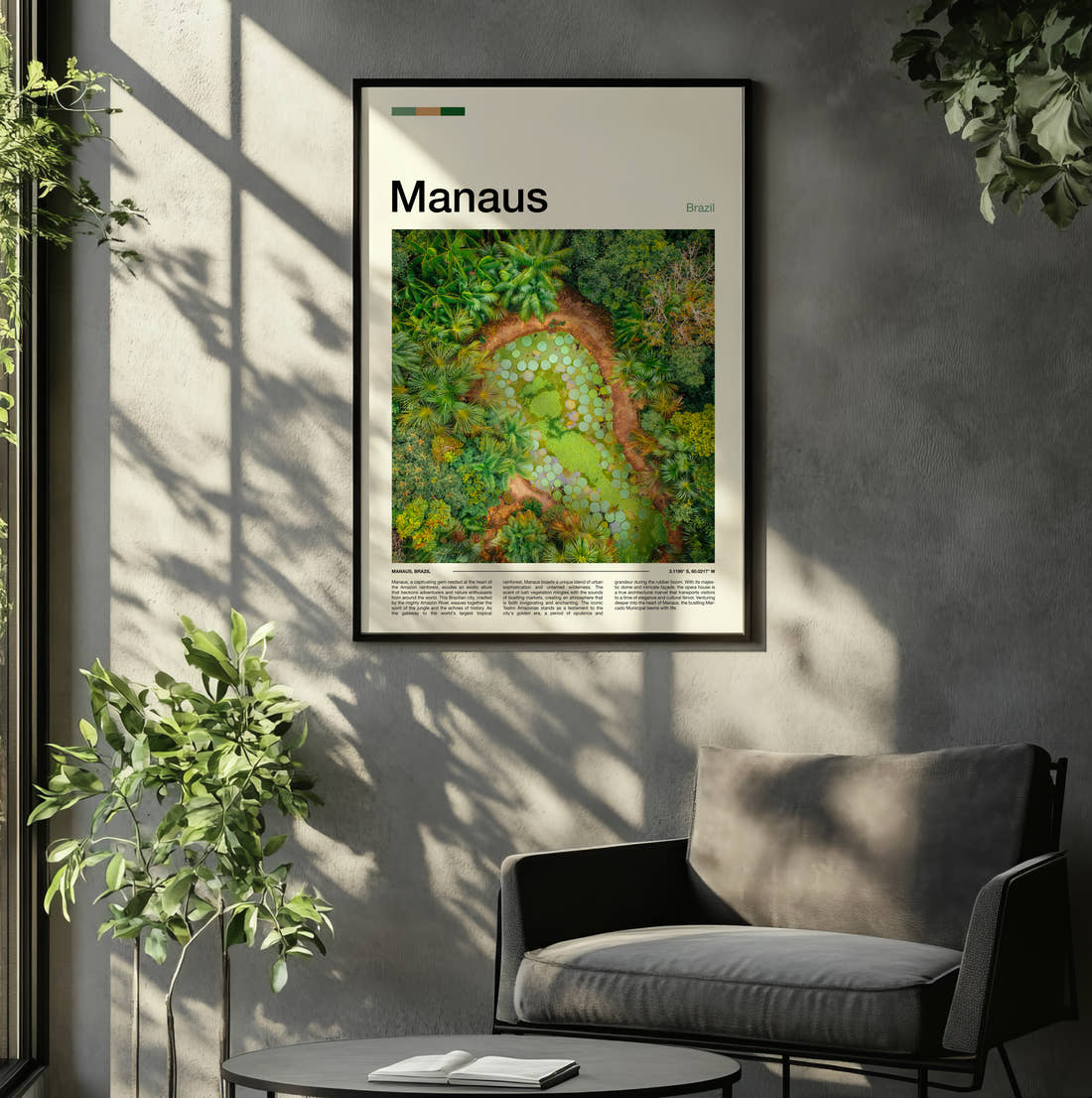 Manaus Aerial View Of Gardens Travel Print framed on the wall of a relaxed living room