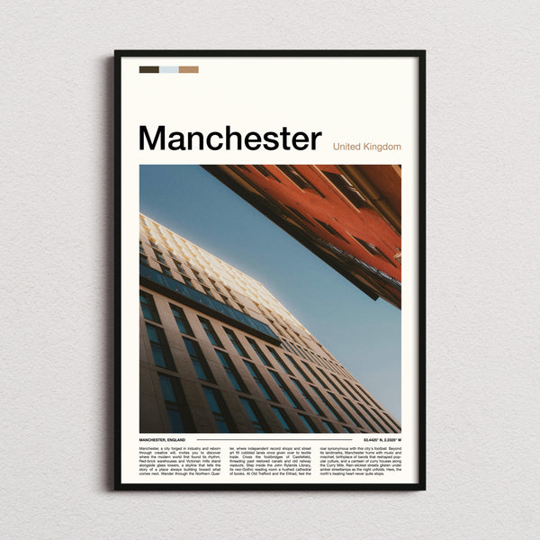Manchester Upward Building Angle Travel Print framed and photographed straight on