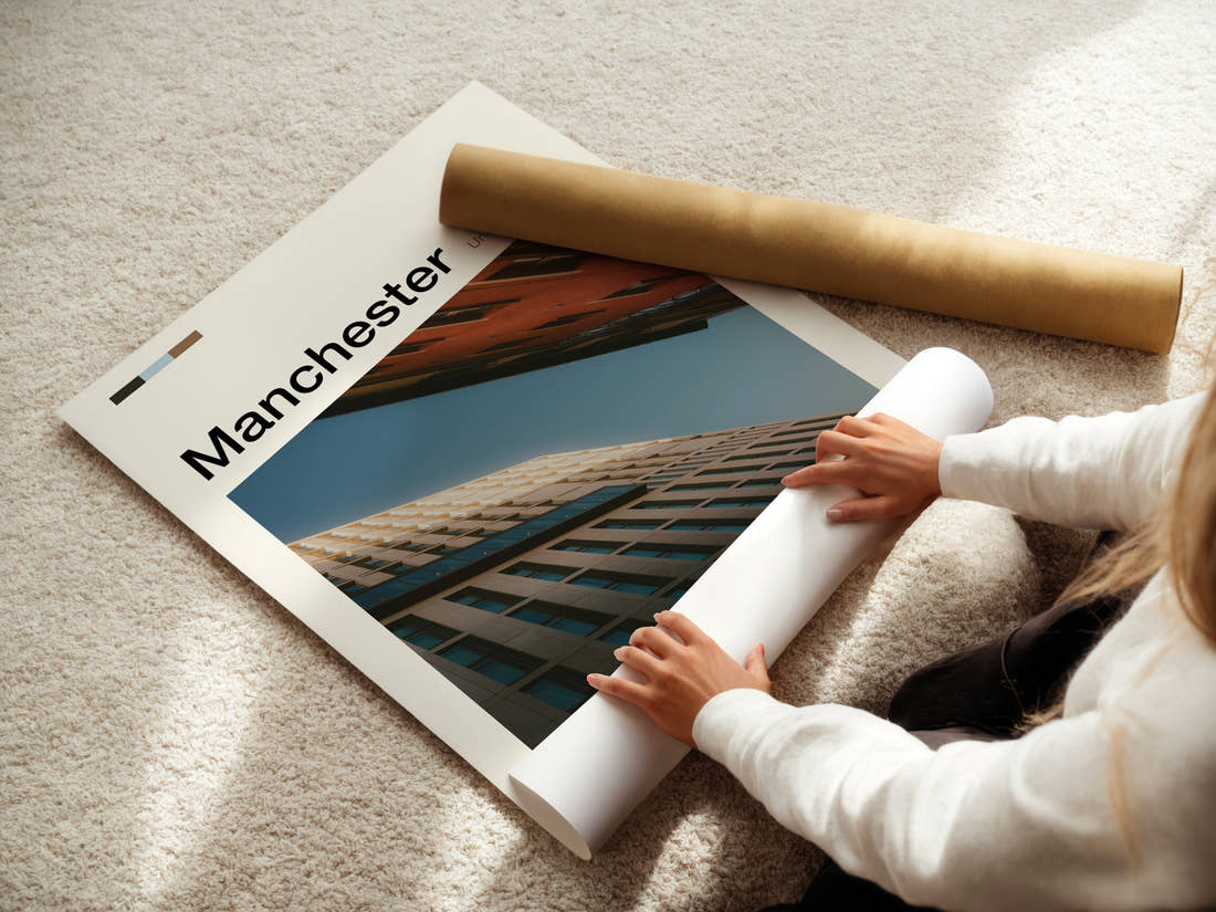 Manchester Upward Building Angle Travel Print being unrolled from its postal tube