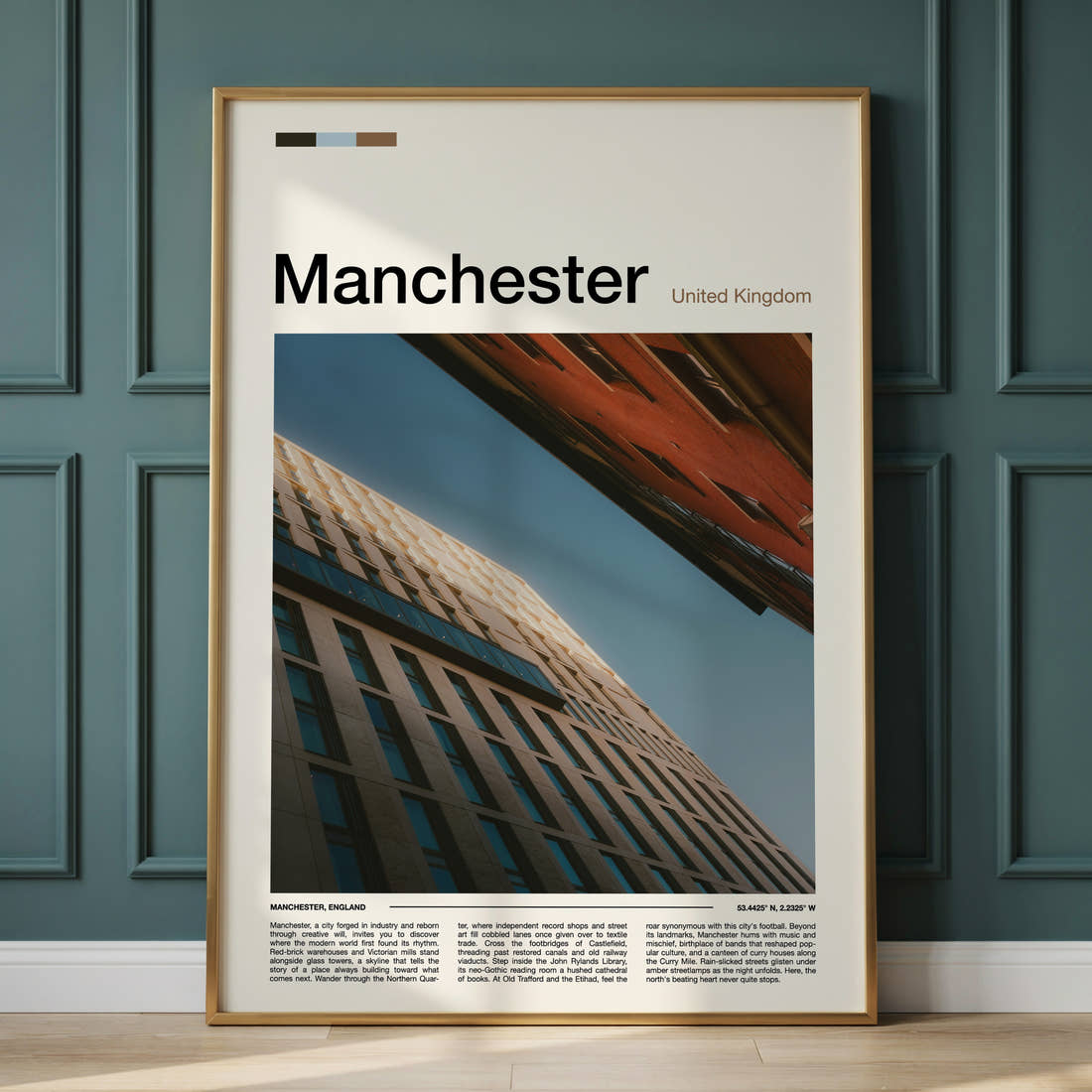 Manchester Upward Building Angle Travel Print framed on the wall of a calm, neutral bedroom