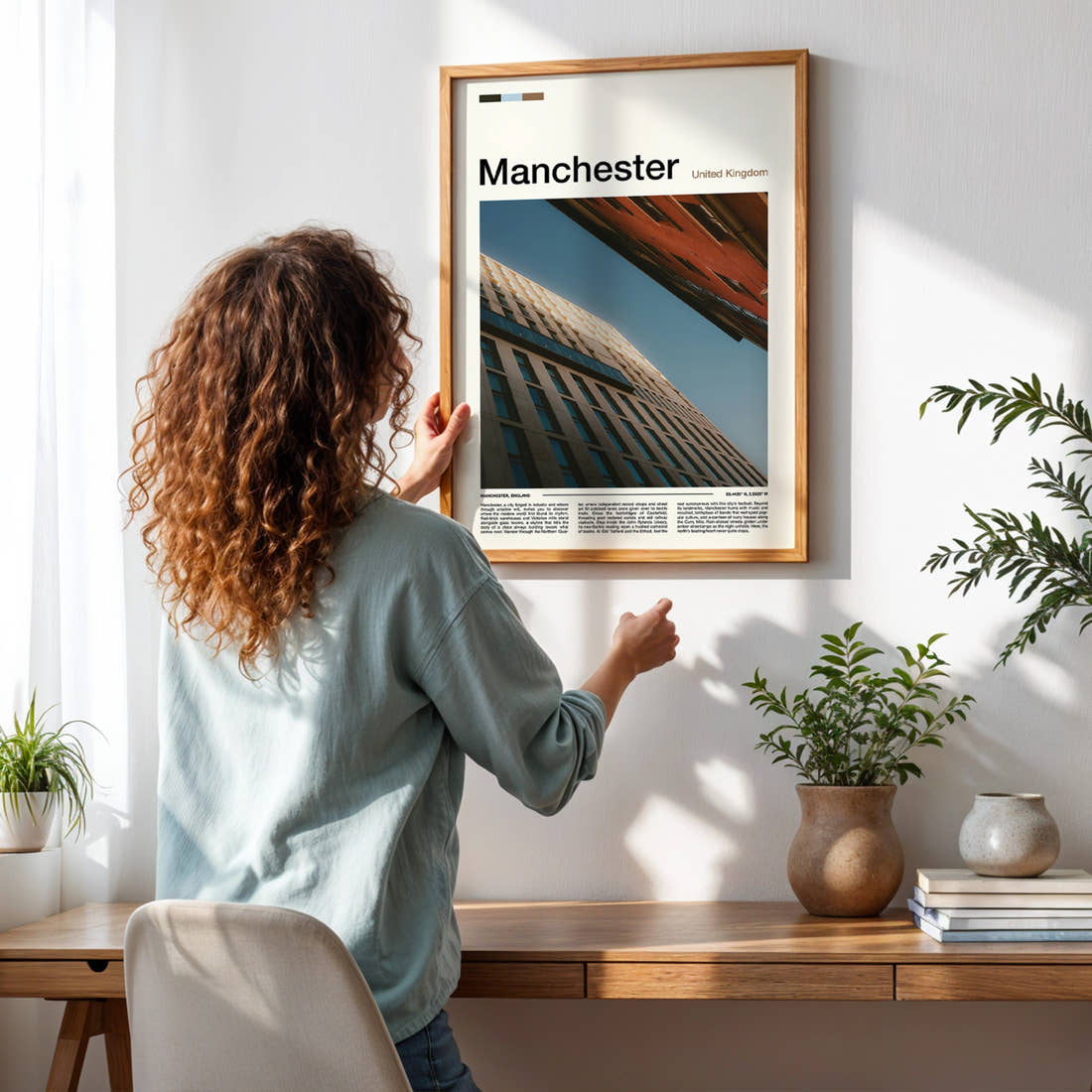 Manchester Upward Building Angle Travel Print framed on a pale wall beside houseplants