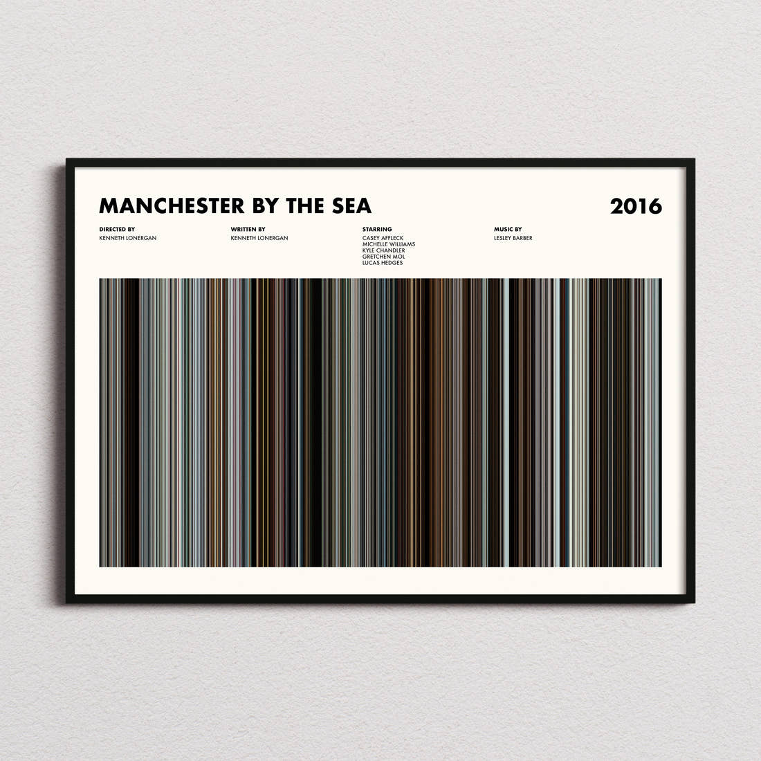 Manchester by the Sea Movie Barcode Poster framed and photographed straight on