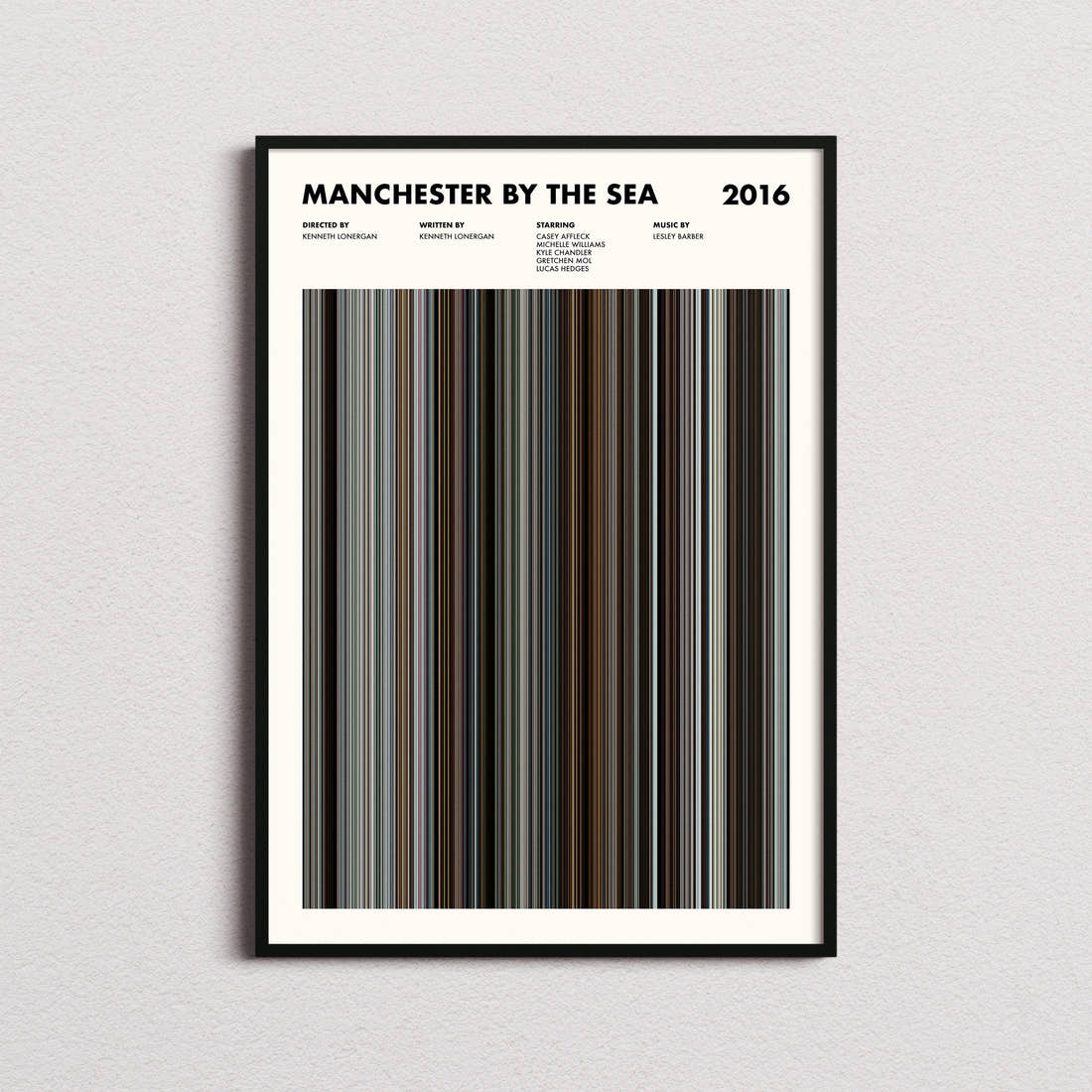 Manchester by the Sea Movie Barcode Poster framed on a plain studio wall