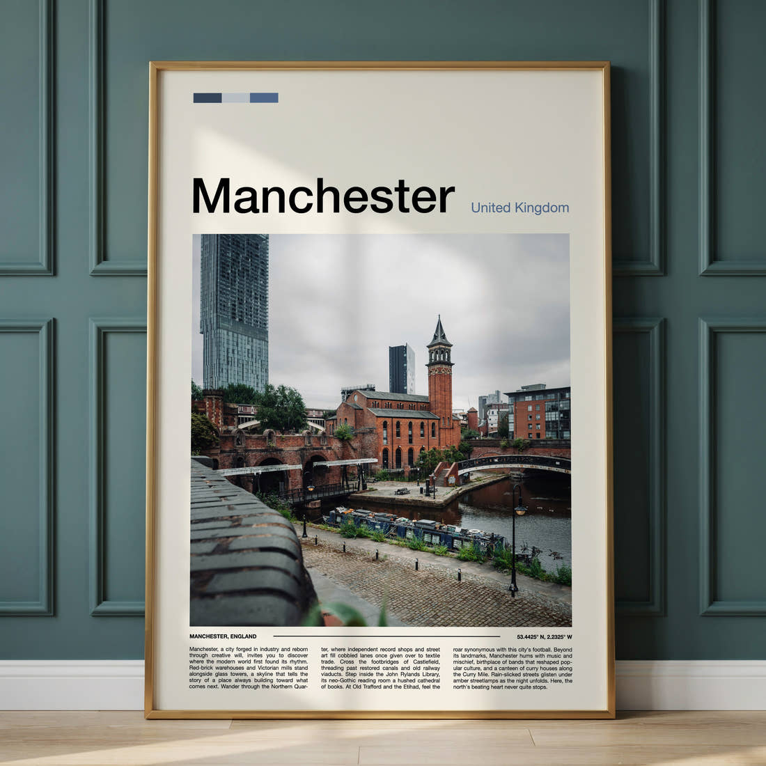 Manchester Castlefield Canal View Travel Print framed on the wall of a calm, neutral bedroom