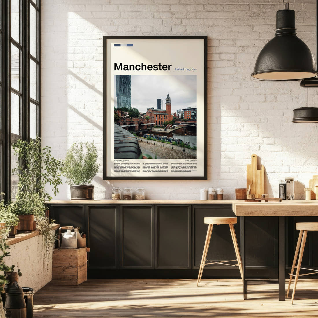 Manchester Castlefield Canal View Travel Print framed on the wall of a bright kitchen and dining space