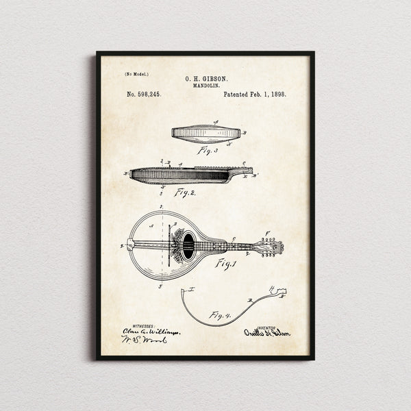 Mandolin Patent Print in the aged paper colourway, framed