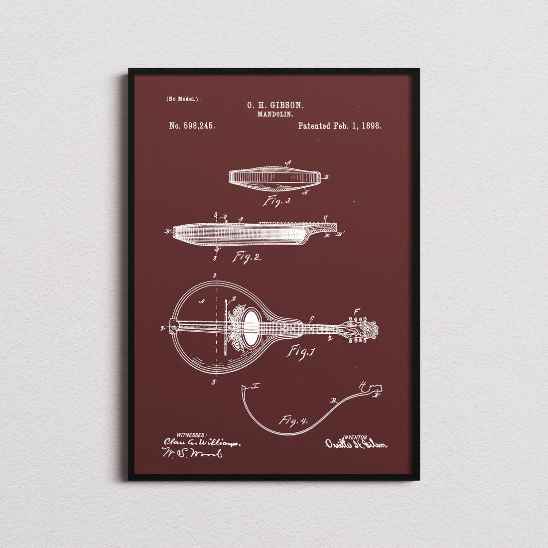 Mandolin Patent Print in the burgundy colourway, framed