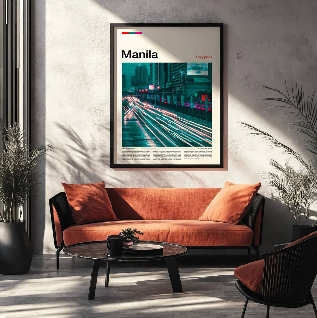 Manila Light Trails At Night Travel Print framed on the wall of a modern living room